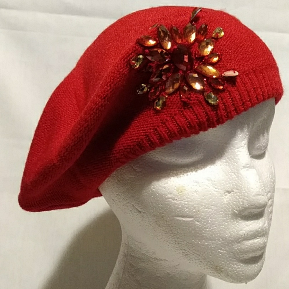 Red Beret Hat Ladies Red Hat Beret with Jewels
